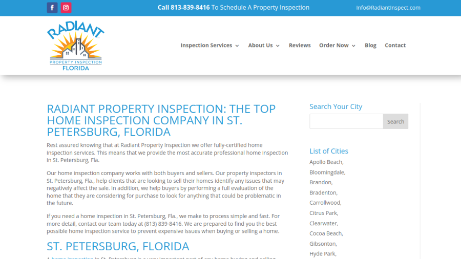Screenshot of the A Radiant Property Inspection website