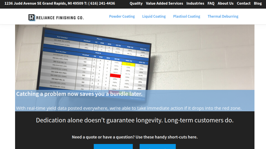 Website screenshot of Reliance Finishing Co.