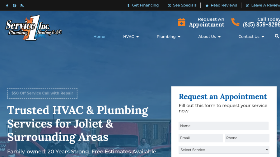 Service 1 Plumbing, Heating & A/C Inc. website screenshot