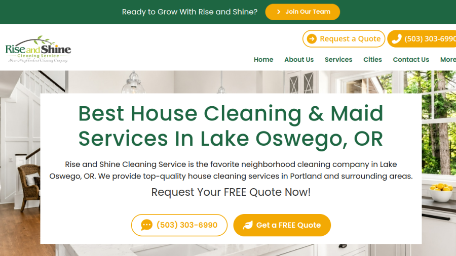 Screenshot of the Rise and Shine Cleaning Service website
