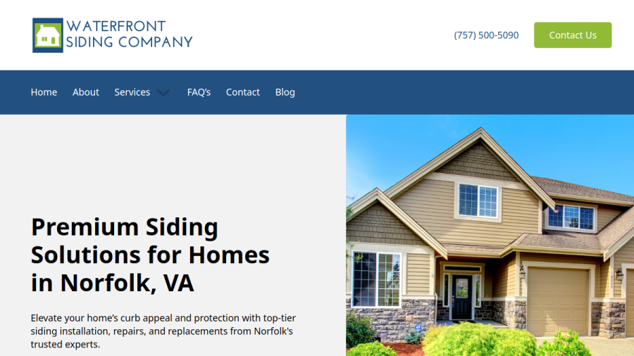 Website screenshot of Waterfront Siding Company