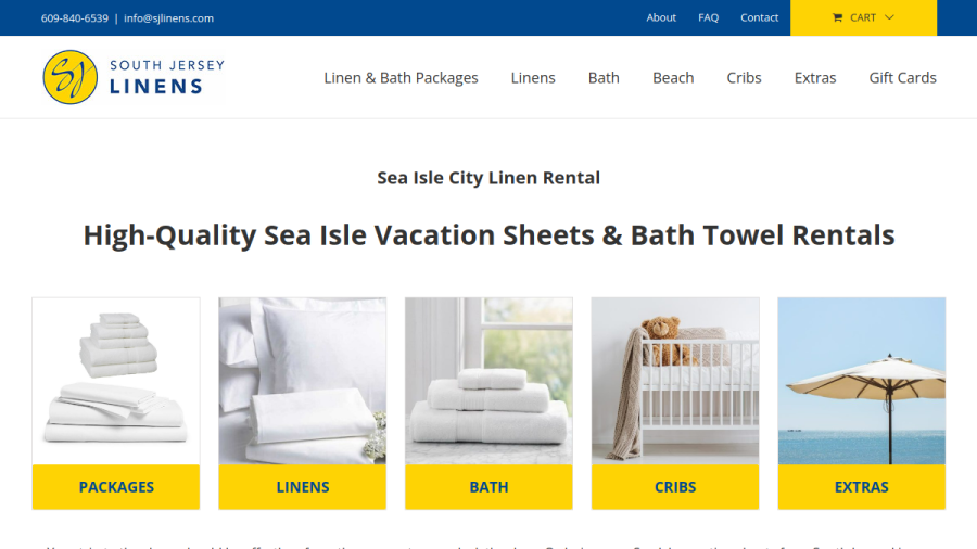 Screenshot of the South Jersey Linens website