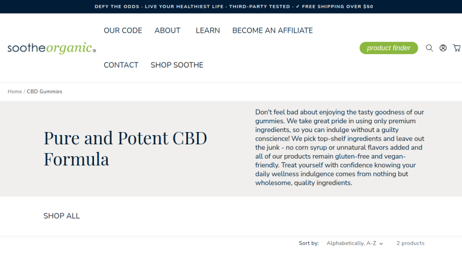 Screenshot of the Soothe Organic website