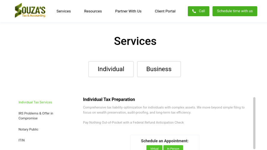 Screenshot of Souza's Tax & Accounting website