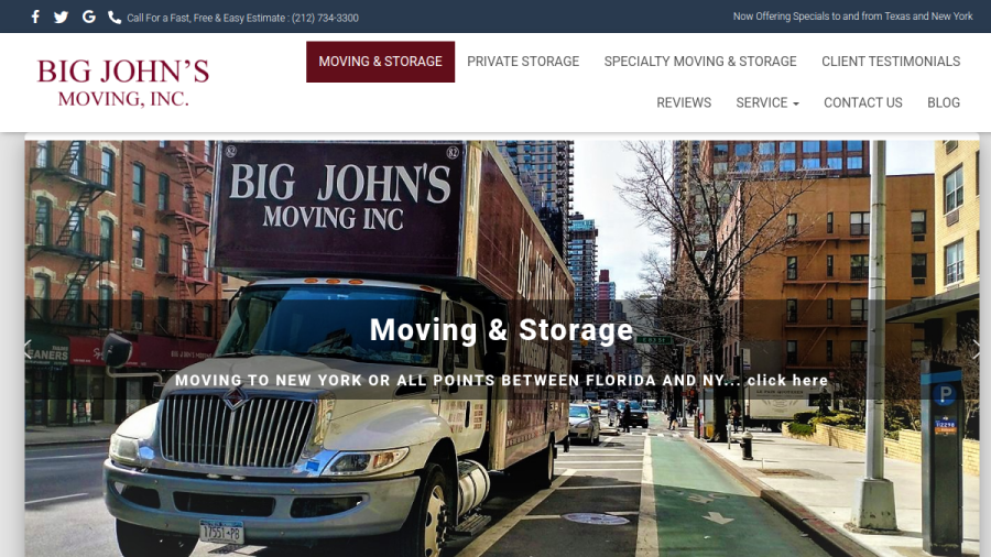 Screenshot of the Big John's Moving and Storage website