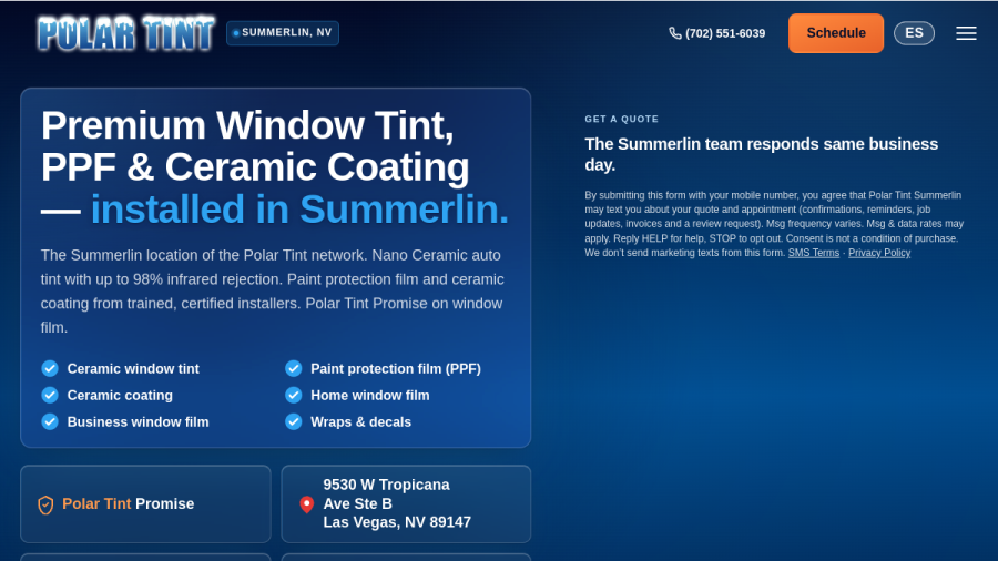 Polar Tint - Summerlin NV website