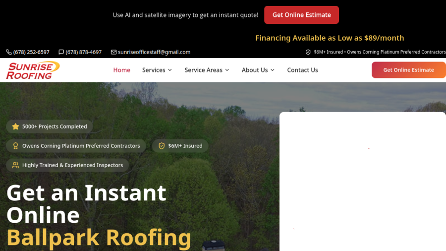 Screenshot of Sunrise Roofing LLC website