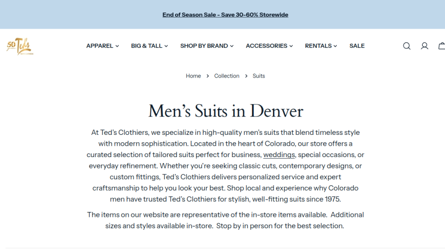 Screenshot of the Ted's Clothiers website