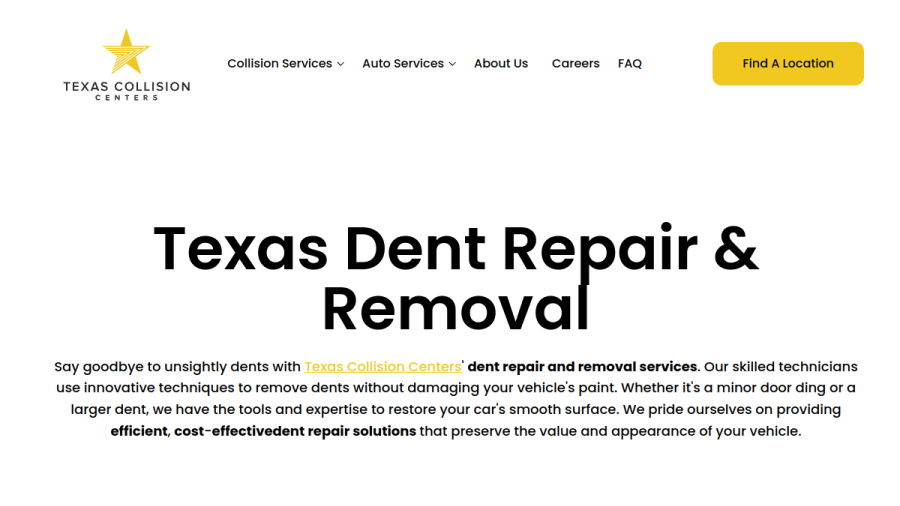 Screenshot of the Texas Collision Centers website