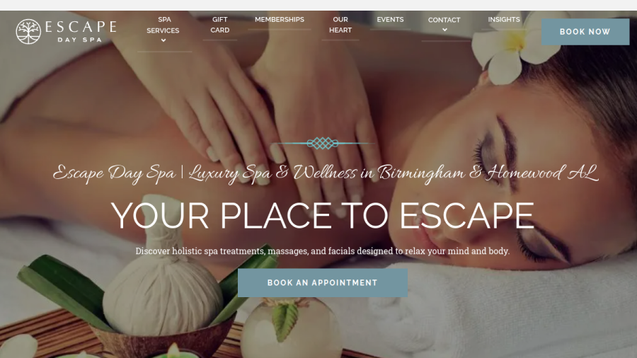 Screenshot of the Escape Day Spa website