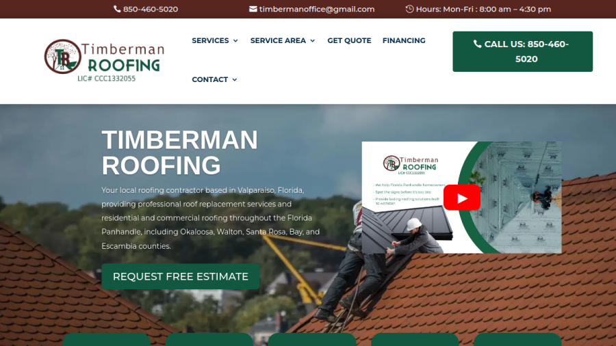 Screenshot of the Timberman Roofing website