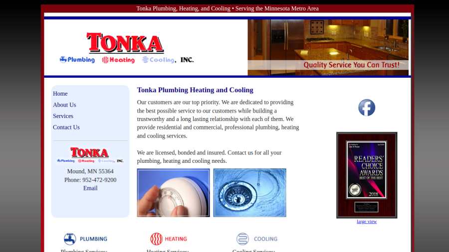 Screenshot of the Tonka Plumbing Heating & Cooling Inc website
