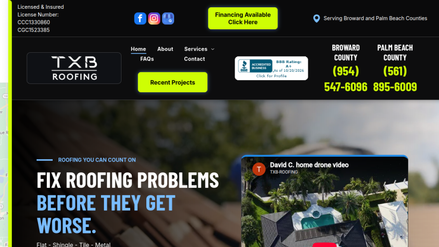 Screenshot of TXB Roofing website
