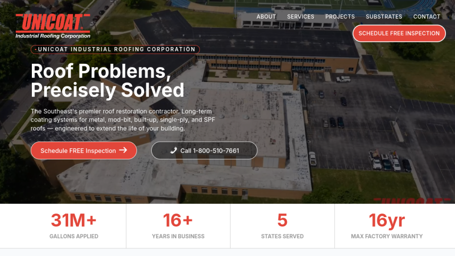 Screenshot of Unicoat Industrial Roofing website