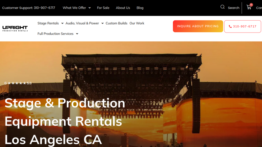 Screenshot of the Upright Production Rentals website