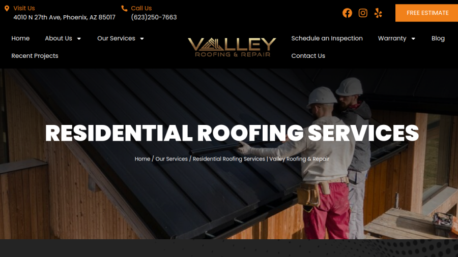 Screenshot of the Valley Roofing and Repair website