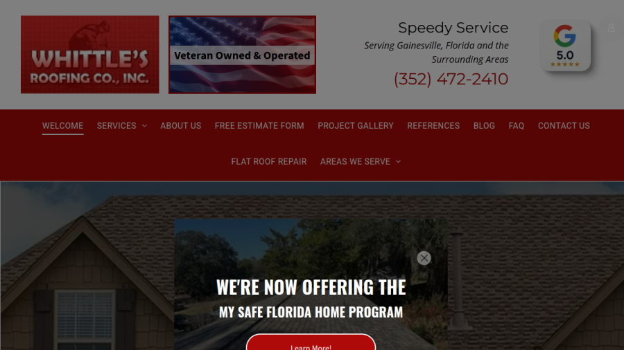 Screenshot of Whittle's Roofing Co Inc website