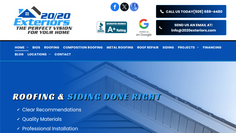 Screenshot of the 20/20 Exteriors website