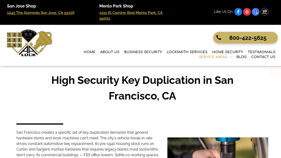 Screenshot of the A-A Lock & Alarm Inc website