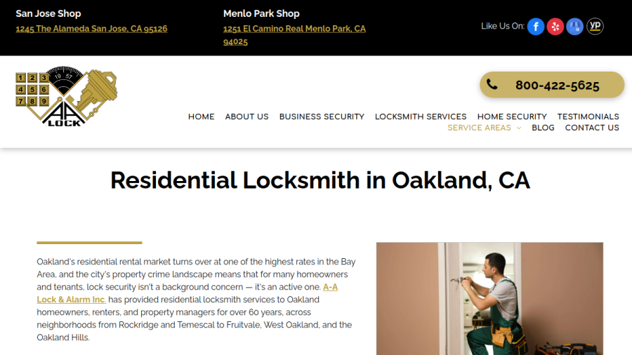 Screenshot of the A-A Lock & Alarm Inc website