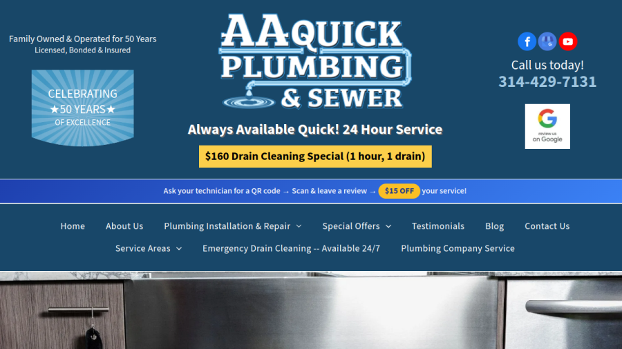 Screenshot of the A A Quick Electric Sewer Service website