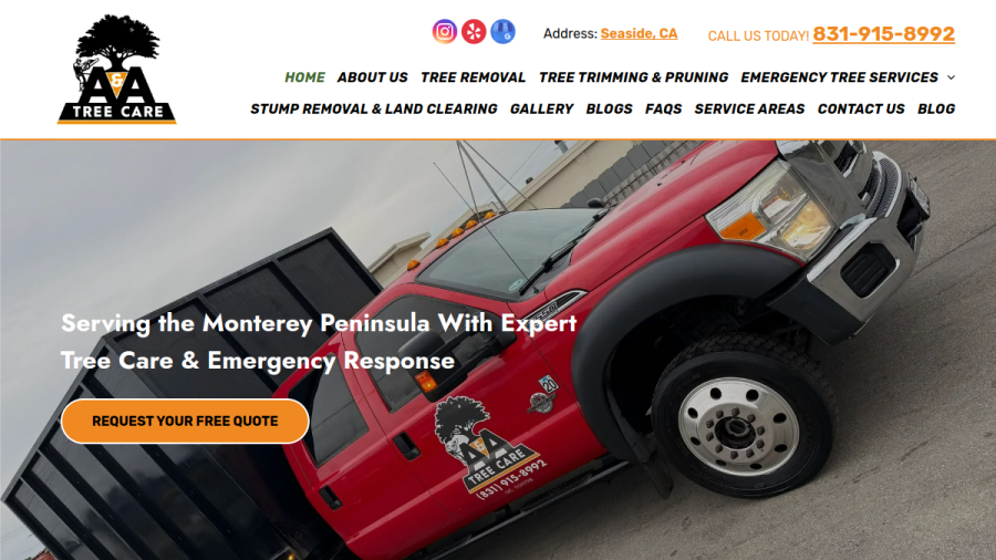 Website screenshot of A & A Tree Care