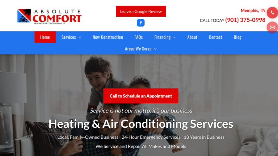 Screenshot of the Absolute Comfort Heating & Air Conditioning LLC website