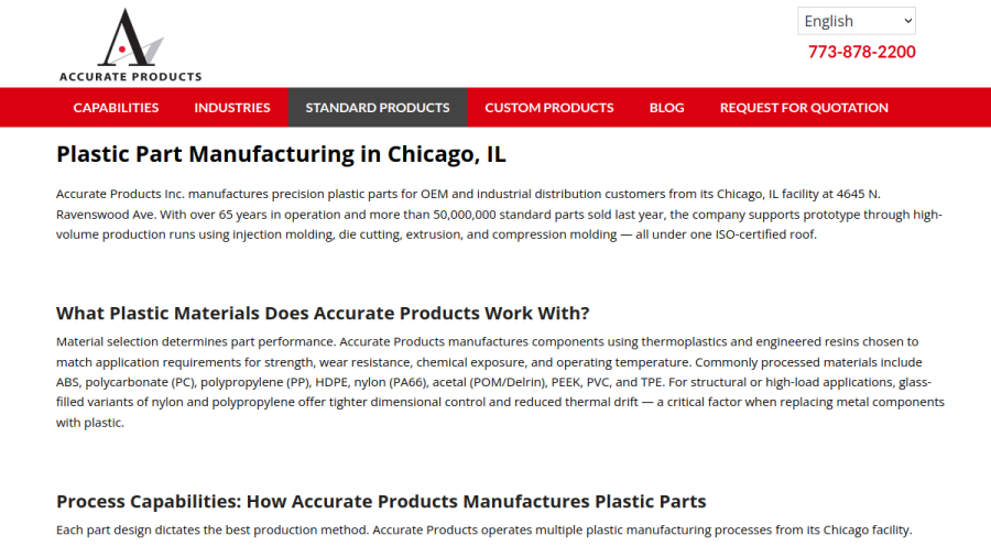 Screenshot of the Accurate Products Inc. website