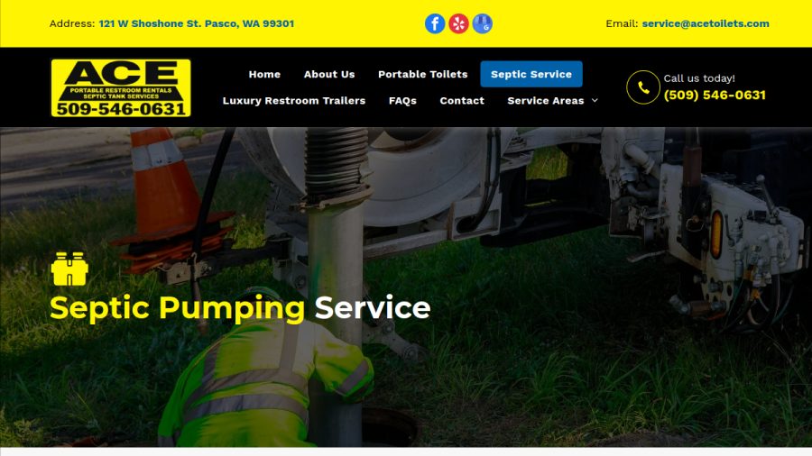Screenshot of the Ace portable toilets & Septic Tank Pumping website