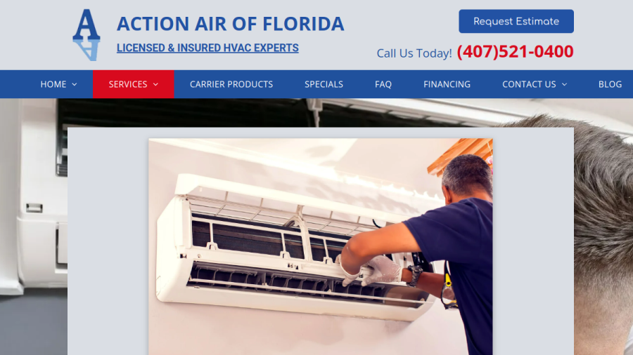 Screenshot of the Action Air Of Florida website