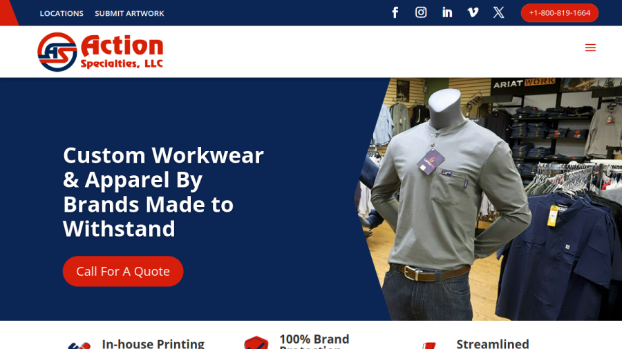 Website screenshot of Action Specialties