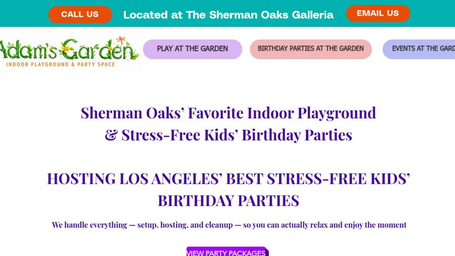 Screenshot of the Adam's Garden Indoor Playground & Party Space website