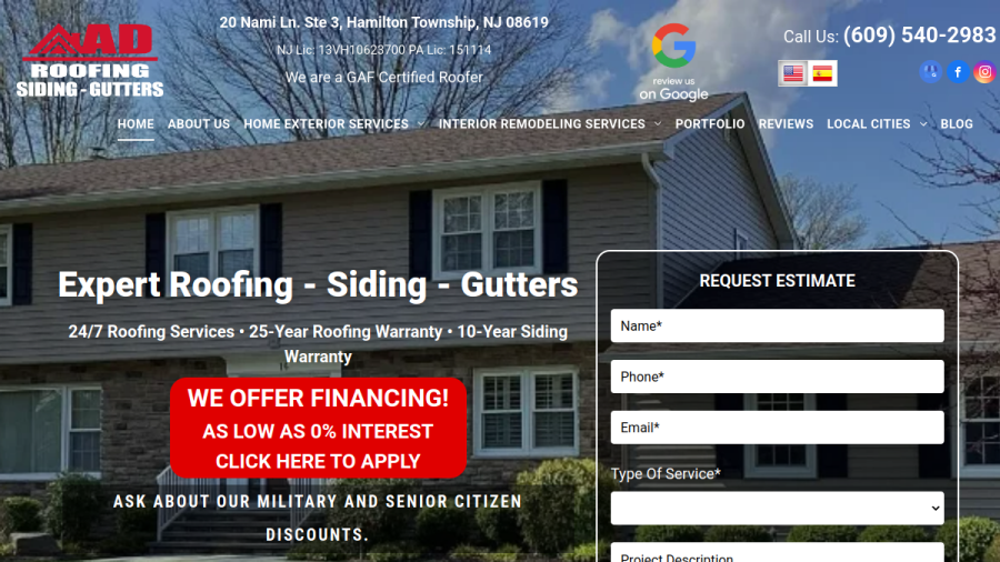 Screenshot of AD Roofing website