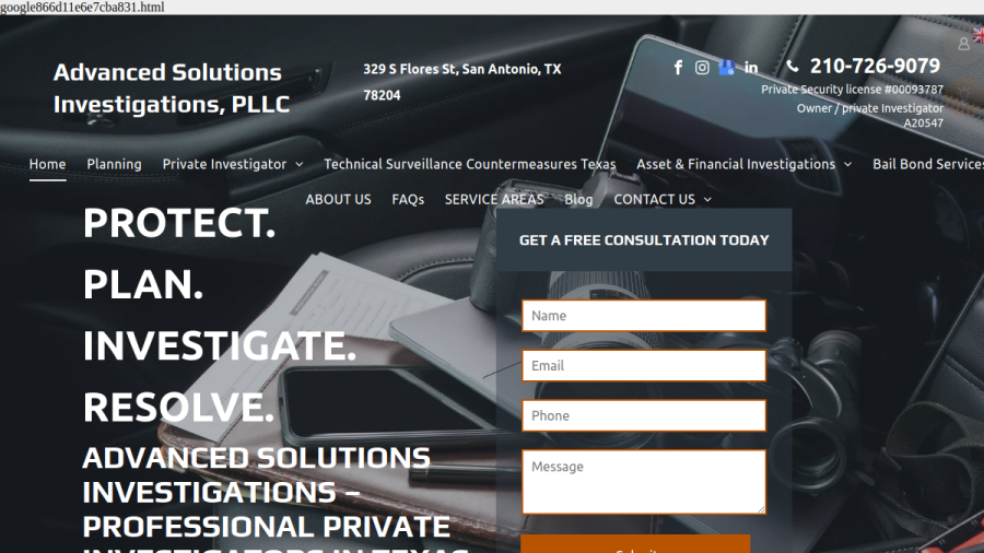 Screenshot of the Advanced Solutions Investigations, PLLC website