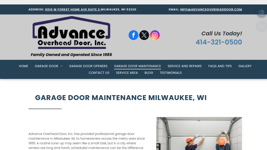 Screenshot of the Advance Overhead Door Inc website