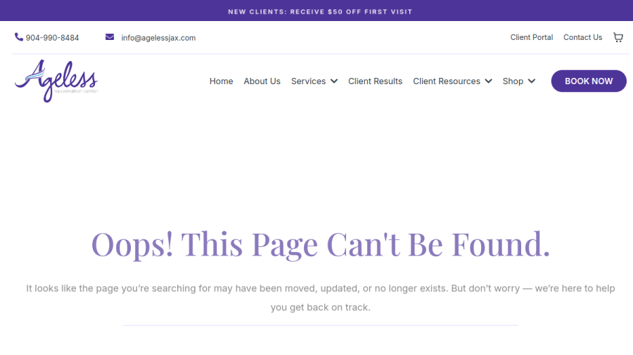 Screenshot of the Ageless Rejuvenation Center website