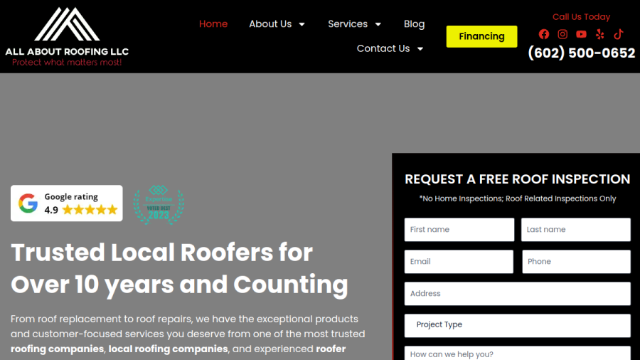 Screenshot of the All About Roofing LLC website