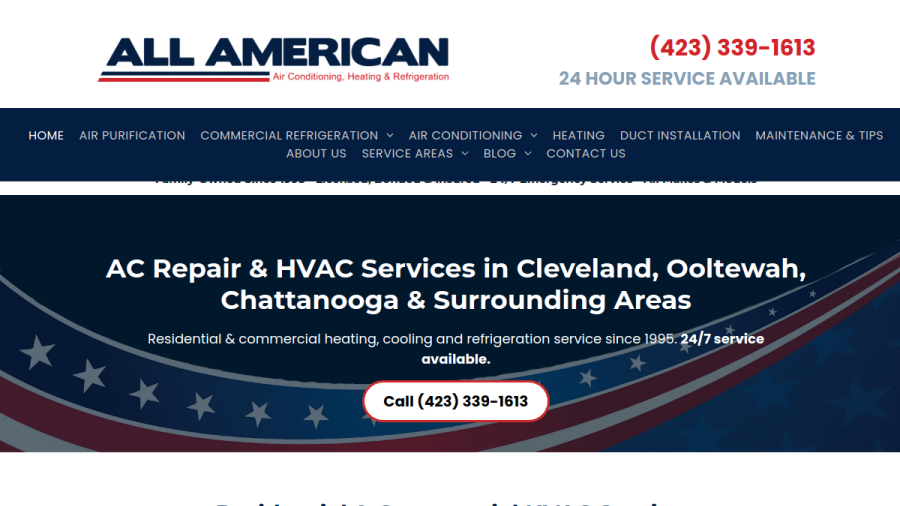 Screenshot of the All American AC Heating & Refrigeration LLC website