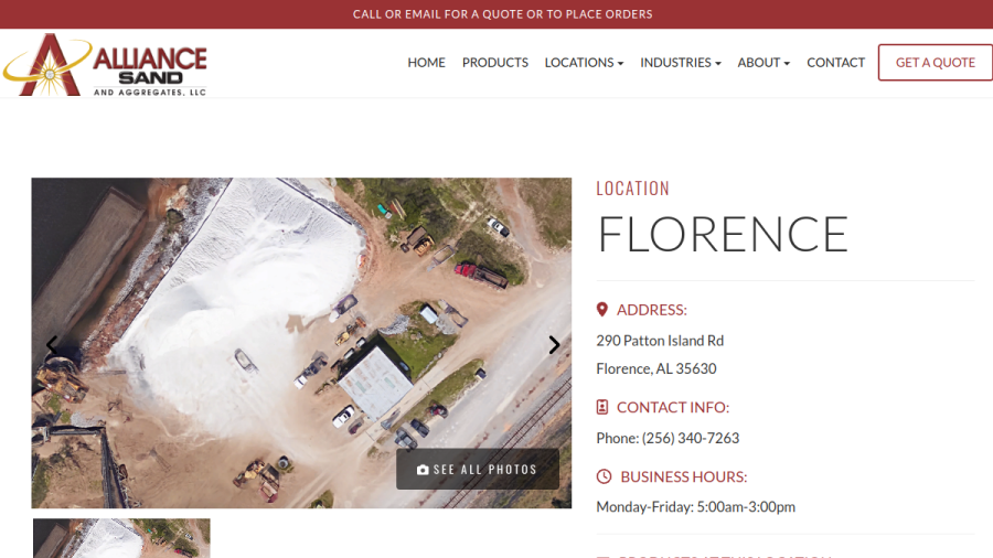 Screenshot of the Alliance Sand and Aggregates, LLC website