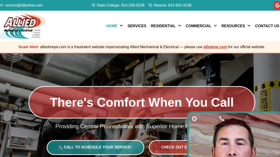 Website screenshot of Allied Mechanical & Electrical, Inc.