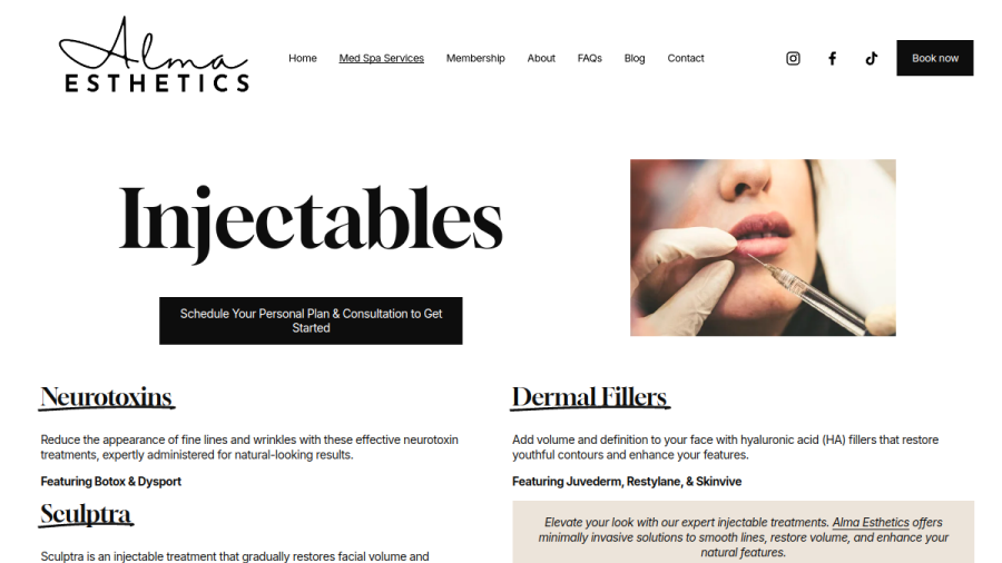 Website screenshot of Alma Esthetics