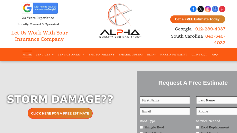 Screenshot of the Alpha Roofing Services website