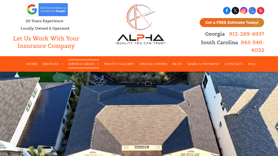 Screenshot of Alpha Roofing Services website