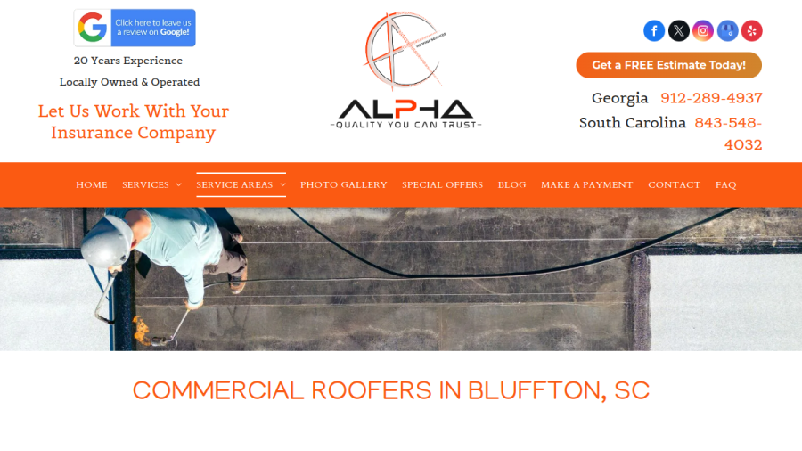 Screenshot of the Alpha Roofing Services website