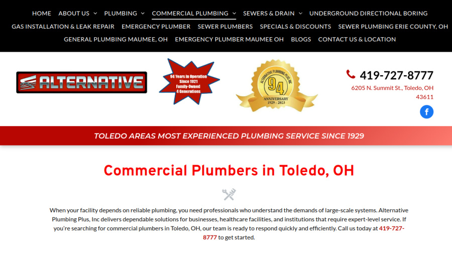 Screenshot of the Alternative Plumbing Plus Inc website