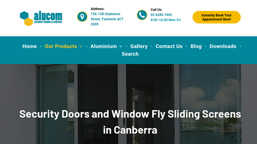 Website screenshot of Alucom Security Doors & Screens