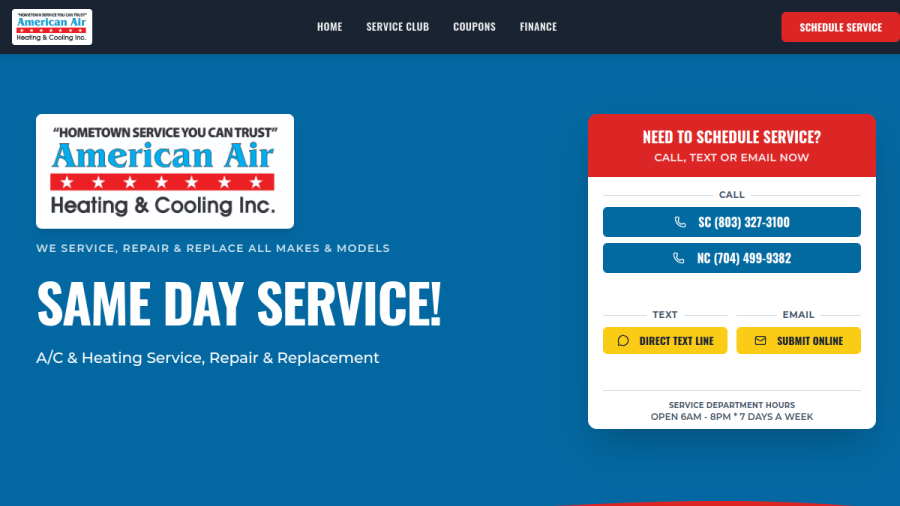 Screenshot of the American Air Heating & Cooling Inc website
