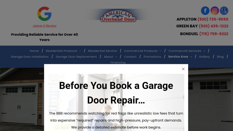 Screenshot of the American Overhead Door website