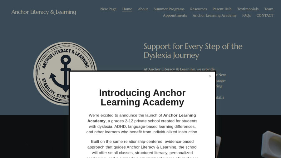 Screenshot of the Anchor Literacy & Learning website