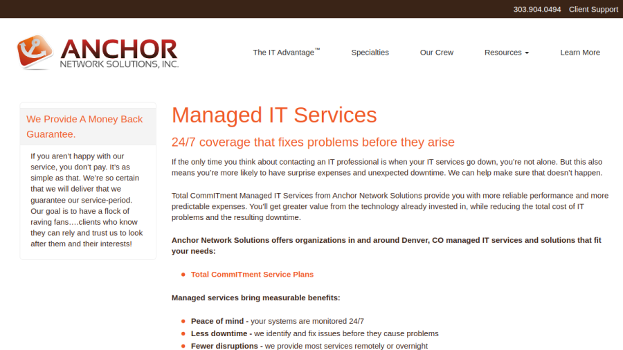 Website screenshot of Anchor Network Solutions, Inc.